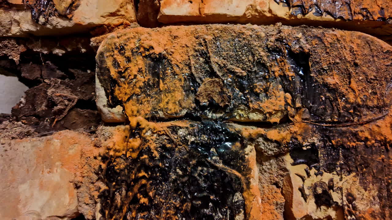Close-up view of weathered bricks with black mold and orange decay in an old structure