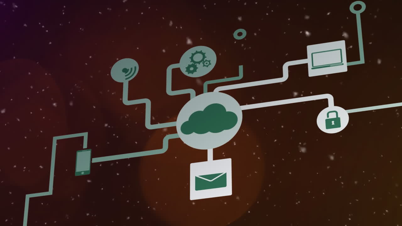 Animation of white particles falling over network of digital icons and spots of light