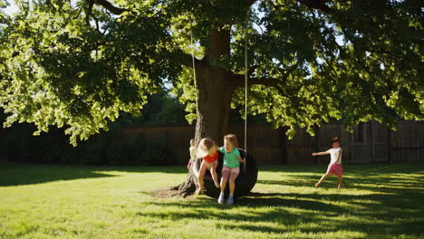 children playing on a tire swing in a sunny backyard