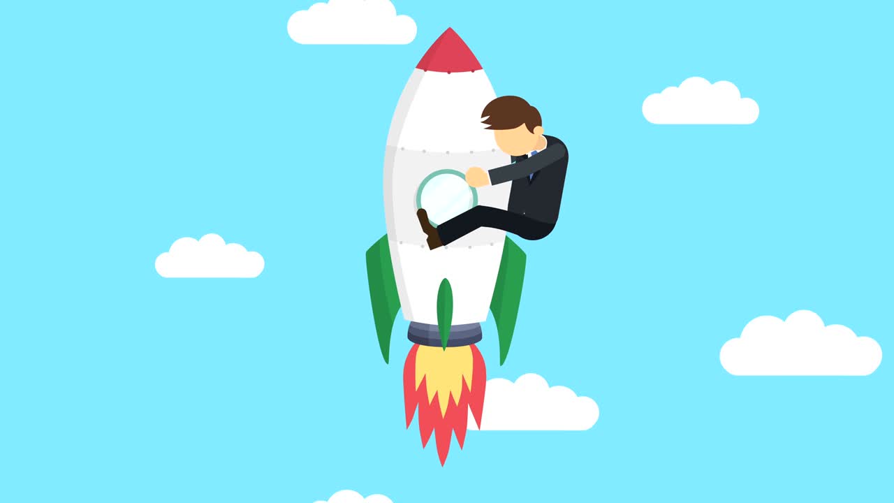 Business man flying on rocket through blue sky. Leap concept. Loop illustration in flat style.