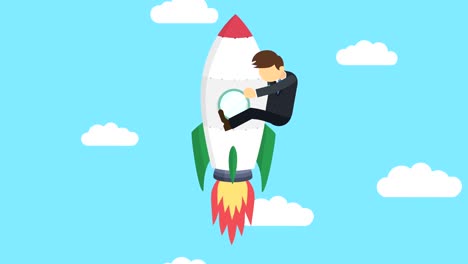 business man flying on rocket through blue sky. leap concept. loop illustration in flat style.