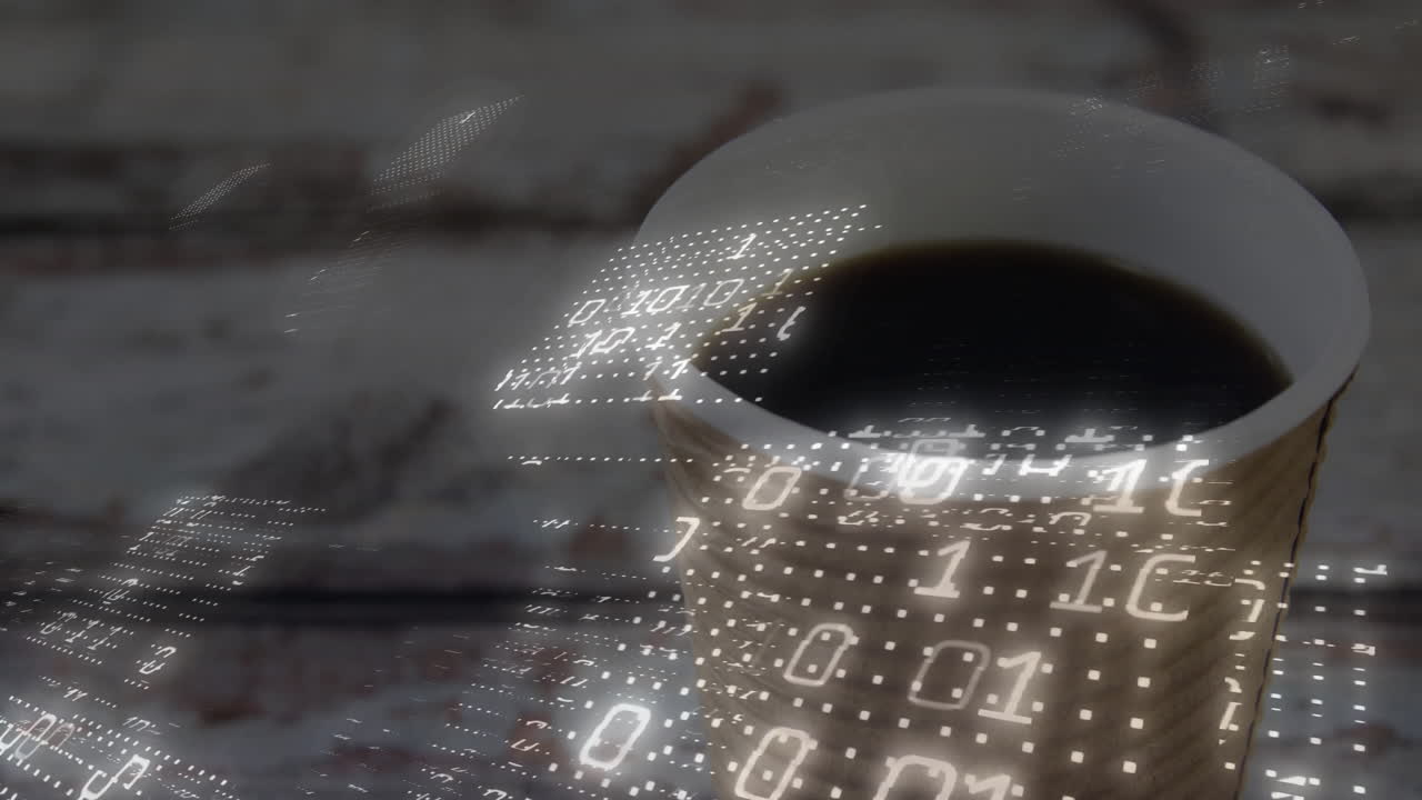 Paper coffee cup holding black coffee showing floating binary digits on tabletop in 3D render