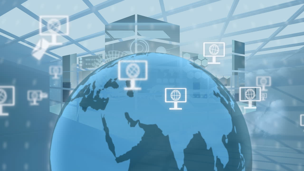 Animation of globe on computer icons and data processing over globe