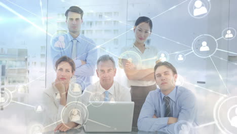 In office, business team collaborating with network connections and data processing overlay