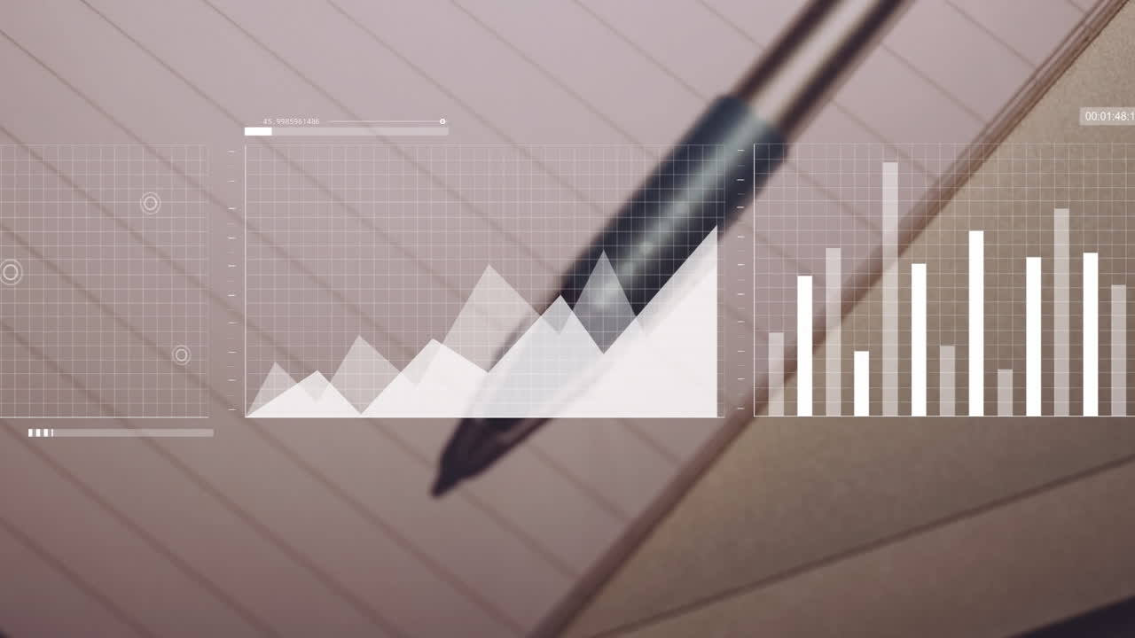 Pen resting on notebook with graph and bar chart overlay animation