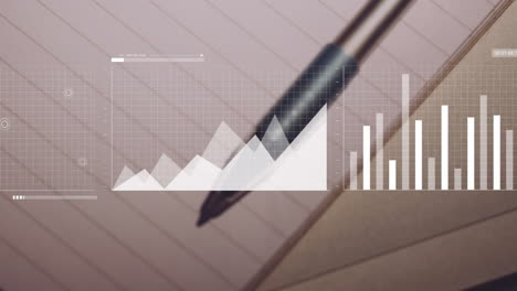 pen resting on notebook with graph and bar chart overlay animation