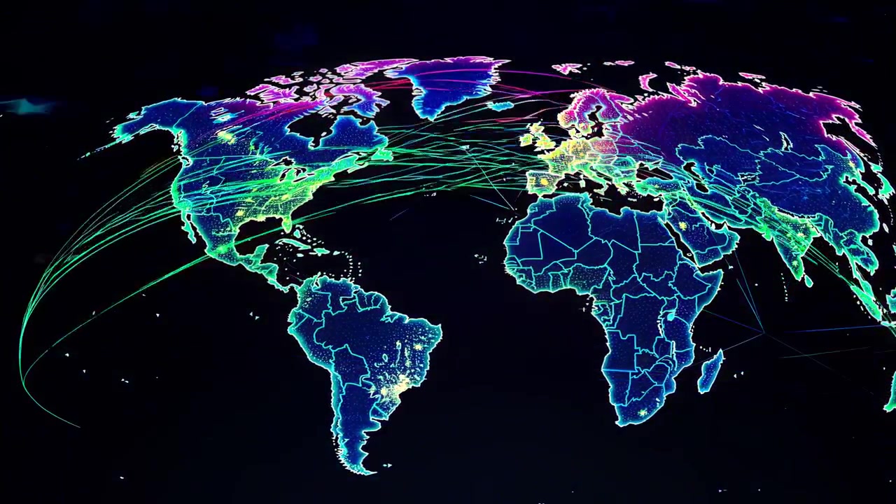 Animated Global Network Data Flow on Digital World Map