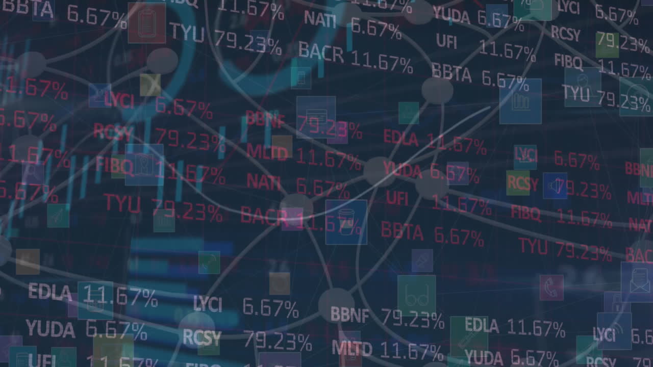 Animation of statistical and stock market data processing against network of digital icons