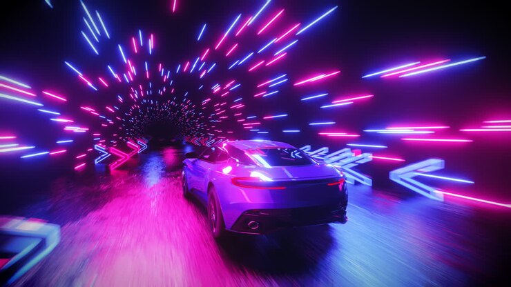 Um carro esportivo corre por um túnel neon com placas de direção. Animação em loop infinito