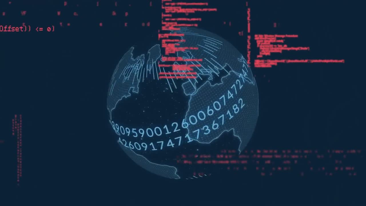 conexiones de microprocesador sobre globo giratorio y procesamiento de datos en fondo azul