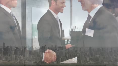 Animation-of-businessman-handshake-over-cityscape