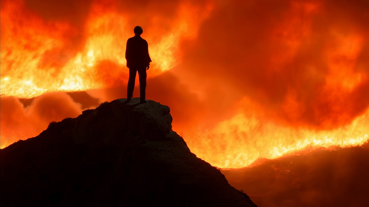 Silhouette Standing On Cliff Against Inferno Sky, Overlooking Molten Lava And Rolling Smoke, Dramatic Orange