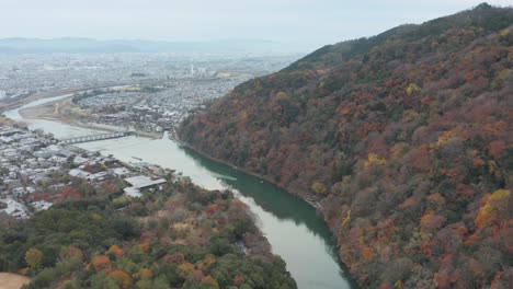 an aerial view of kyoto, japan from above arashiyama's katsura river