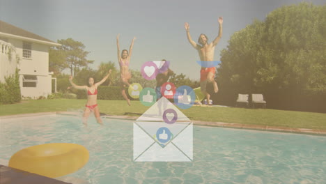 jumping into pool, people surrounded by animation of social media icons