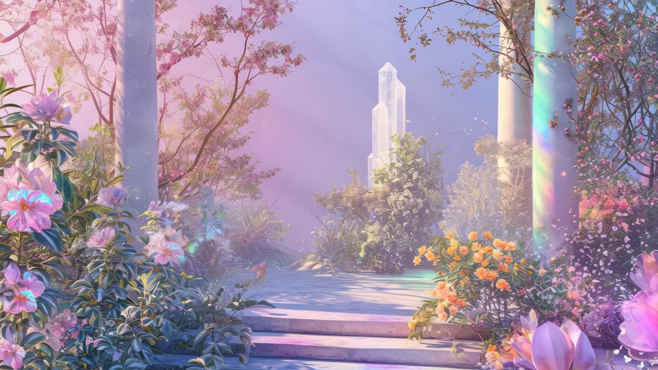 A dreamy, pastel-hued garden scene with a low camera angle, showcasing vibrant flowers and ethereal