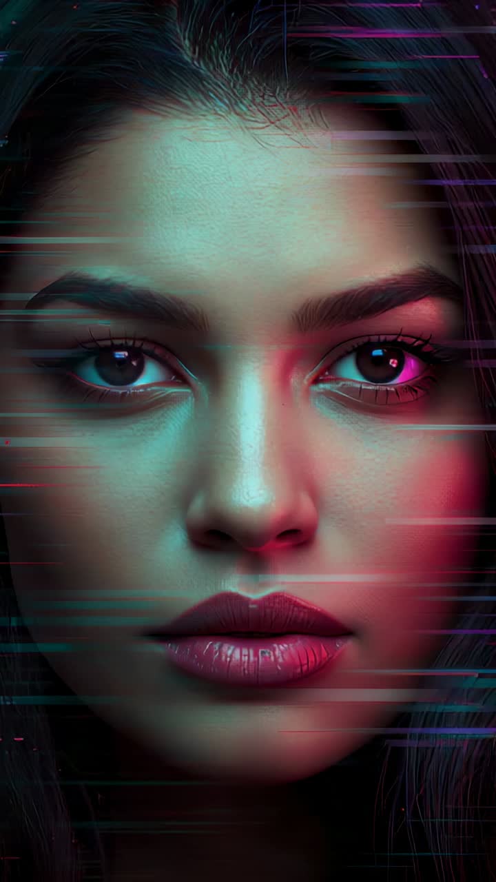 Vertical video: Glitching woman face following shimmering noise in teal and pink light, pixel noise