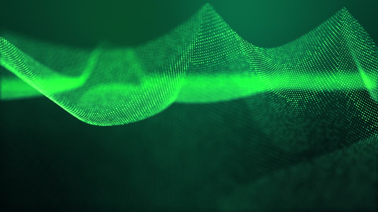 4k looped abstract green background of glow particles form lines, surfaces, structures as futuristic landscape in cyberspace or hologram. Sci-fi theme with DOF, lighting effects and bokeh.
