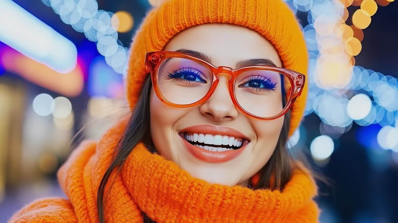 모자 와 스카프 를 입은 여자 가 카메라 에 미소 짓고 있다