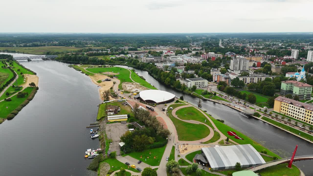 Drone view of Jelgava riverside park and city in Latvia