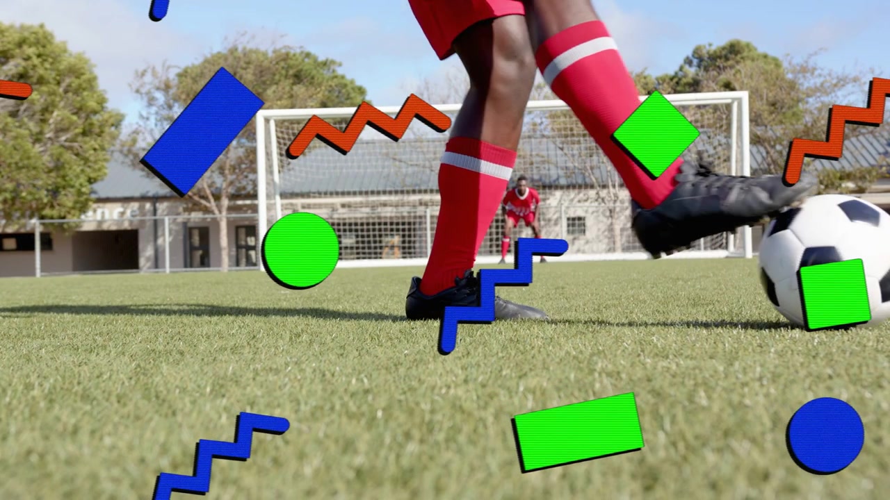 Soccer striker dribbling to goal cam framing legs causing shapes hiding keeper moving prepping shot