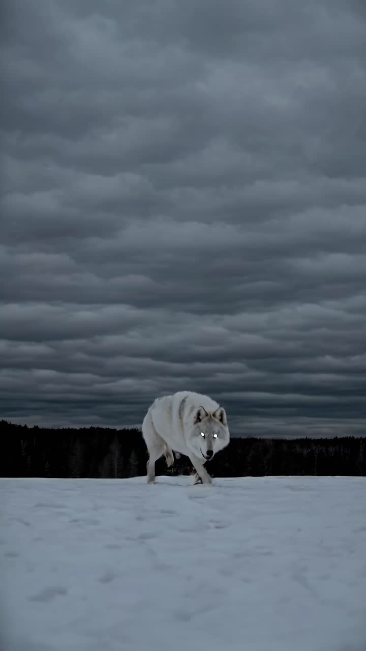 Low-angle shot of a white wolf with glowing eyes on snow under a cloudy sky, creating a mysterious