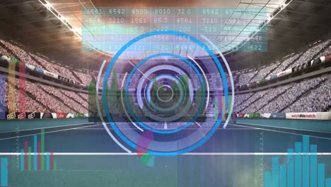 animación del escáner redondo y procesamiento de datos contra el estadio deportivo.