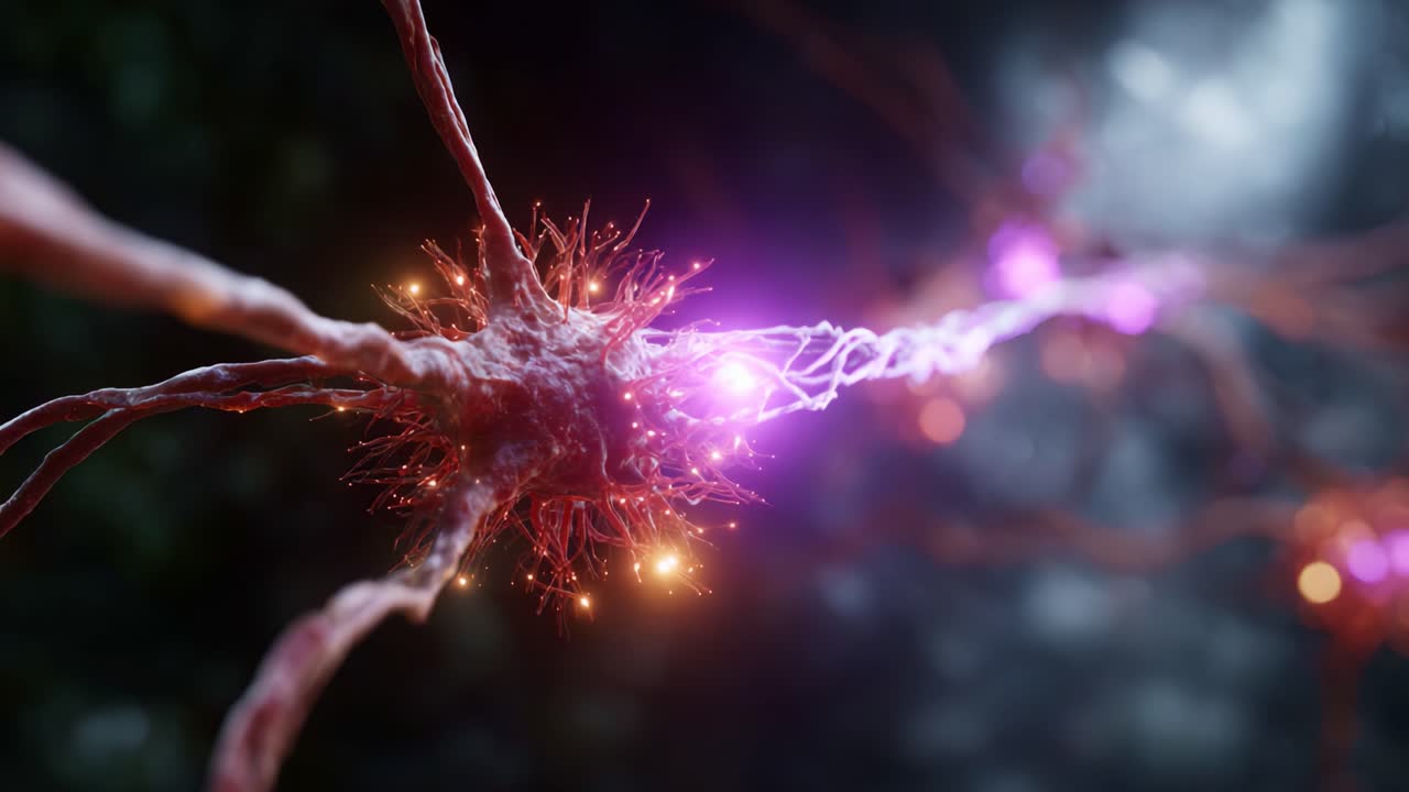 Close-up exploration of a neuron demonstrating electrical impulses and synaptic connections in a visually stunning and colorful representation of neural activity