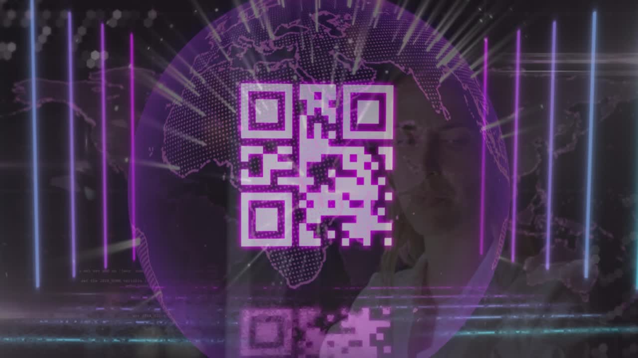 Animation of globe and qr code over caucasian man using smartphone