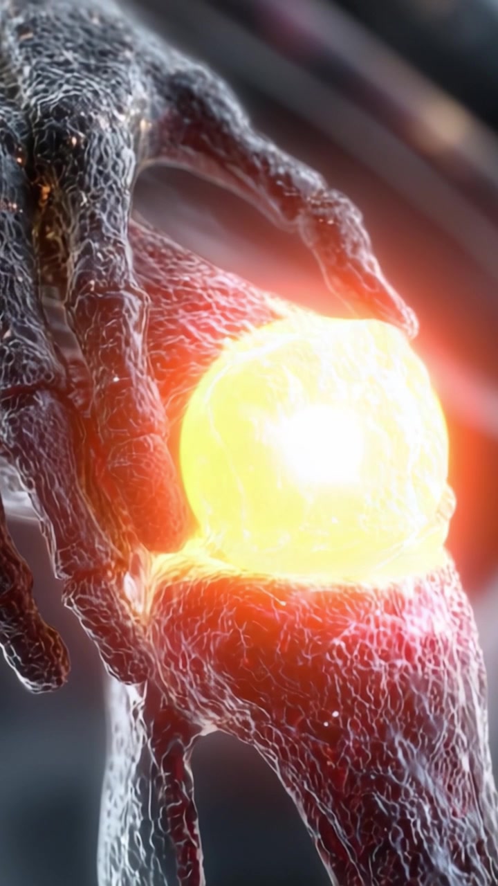 Una Visualizzazione Dettagliata di una Mano che Afferra un'Articolazione Luminosa, Evidenziando le Complessità delle Strutture Biologiche e delle Dinamiche Energetiche in un'Arte Sbalorditiva
