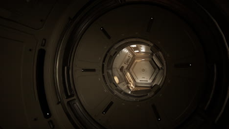 una vista a través de una puerta circular en un corredor futurista de una nave espacial