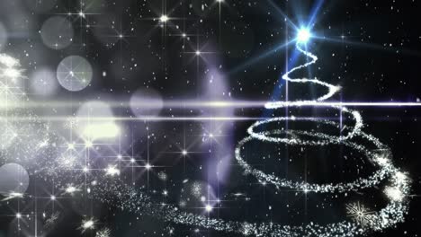 nieve cayendo con círculos de navidad de luz bokeh y árbol