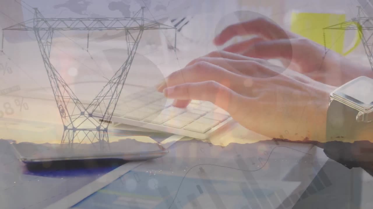 키보드를 사용하는 백인 사업가에 대한 애니메이션 통계 및 금융 데이터 처리