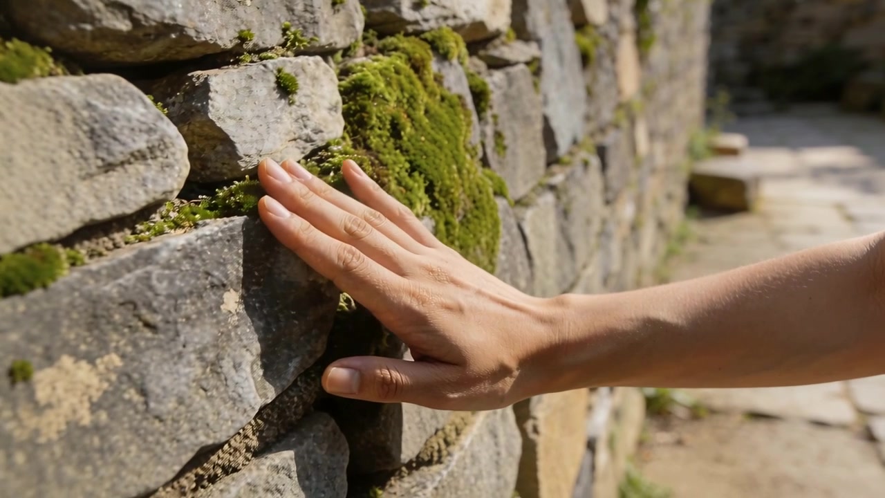 Reaching right forearm initiating contact with mossy stone wall on sunlit path, exploring texture