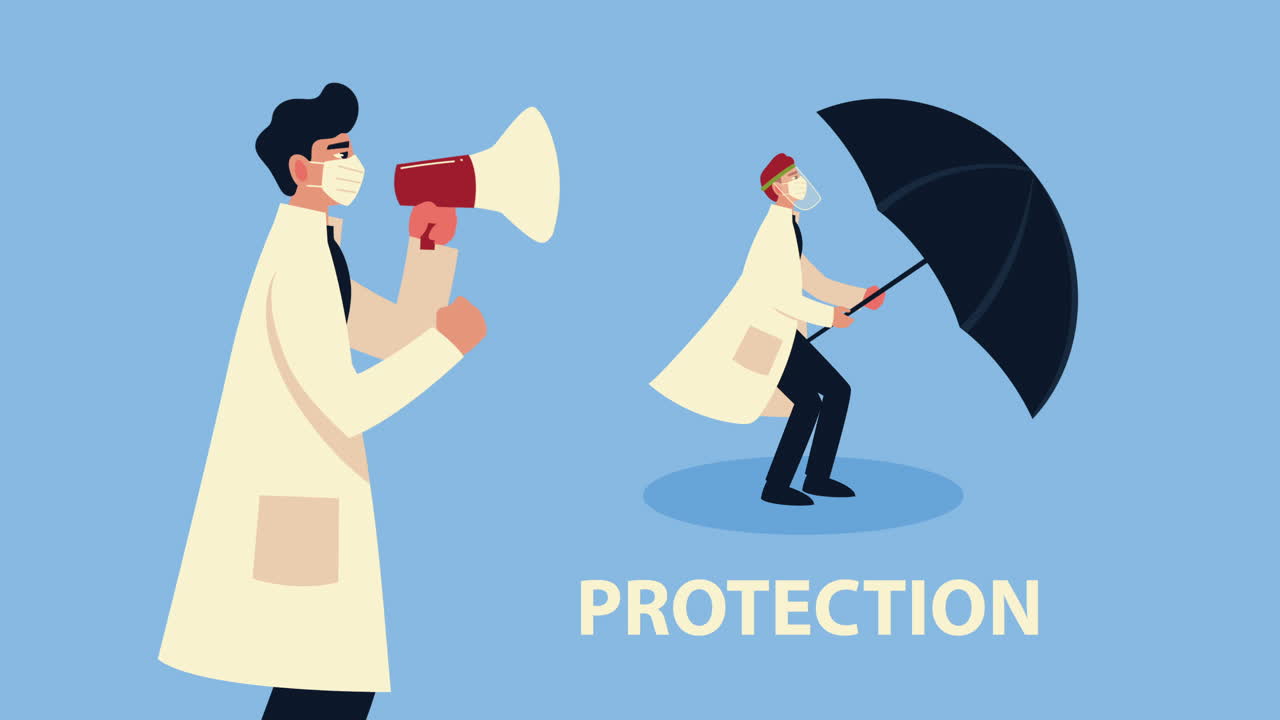 메가폰과 우산을 착용 한 의료 마스크를 착용 한 남성 의사 부부