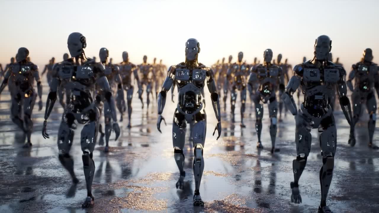 A Futuristic Gathering of Sleek Robotic Figures Marching Towards an Unknown Horizon, Symbolizing the Merge of Technology and Human Advancement in a Digital Age