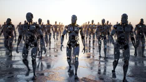 a futuristic gathering of sleek robotic figures marching towards an unknown horizon, symbolizing the merge of technology and human advancement in a digital age