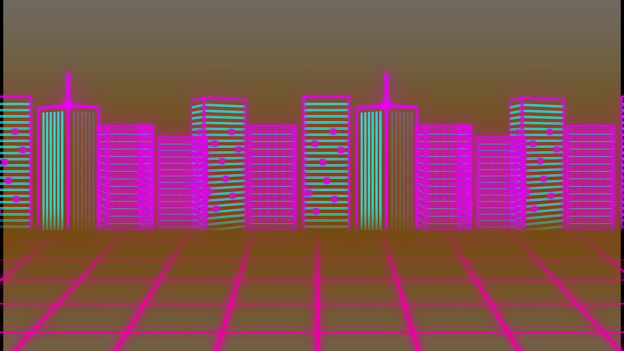 그리드 메타버스 배경 위의 도시 풍경의 애니메이션