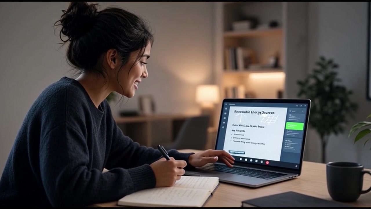 Young Woman Studying Renewable Energy on Laptop at Home