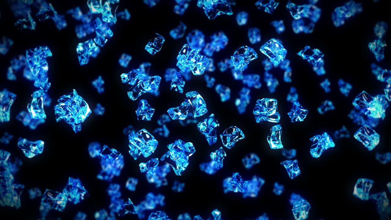 검은색 바탕에 많은 깨한 얼음 큐브를 날아. 부서진 얼음 조각, 자연 물. 부러진 얼음의 3d 애니메이션 회전. 루프 애니메이션.