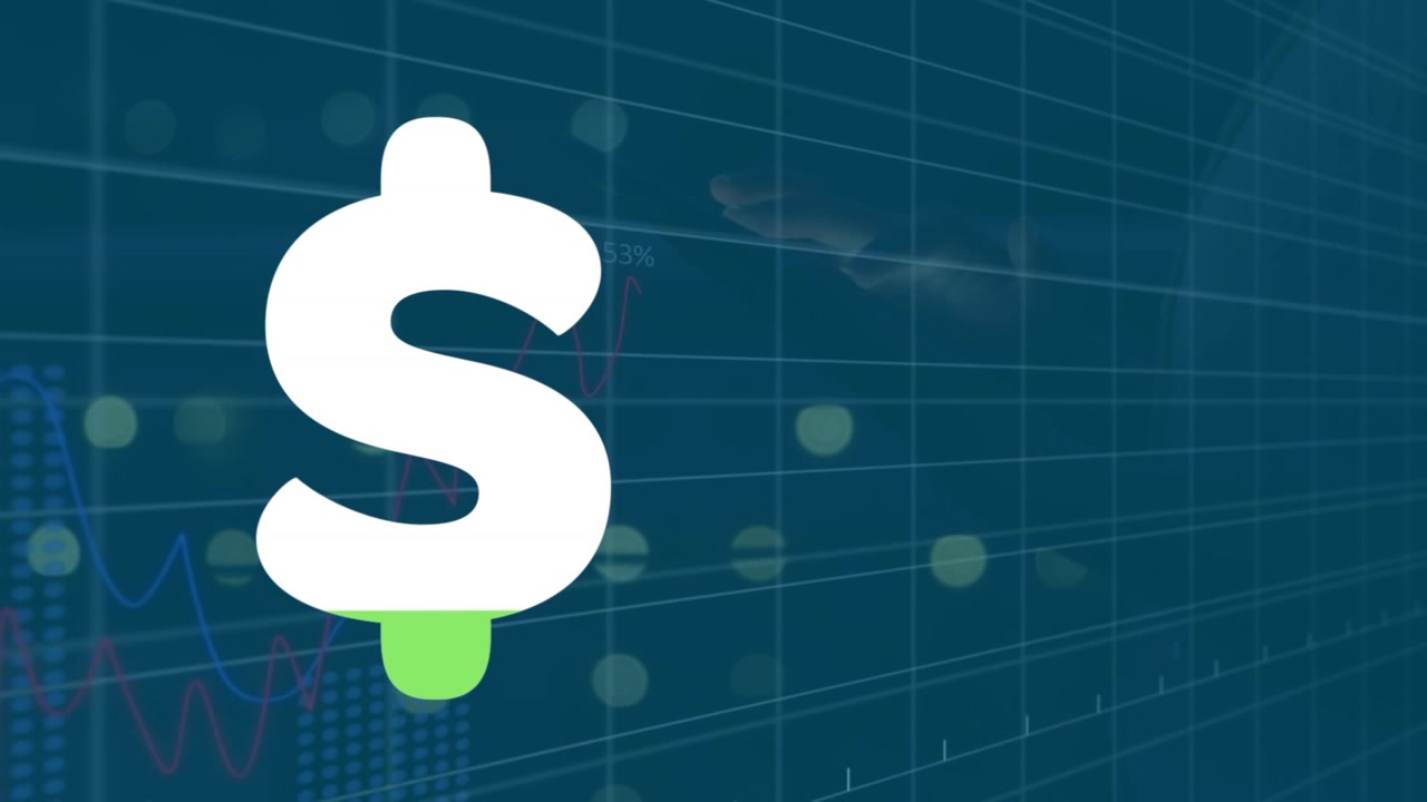 Icona del simbolo del dollaro che si riempie di colore verde su sfondo di dati finanziari