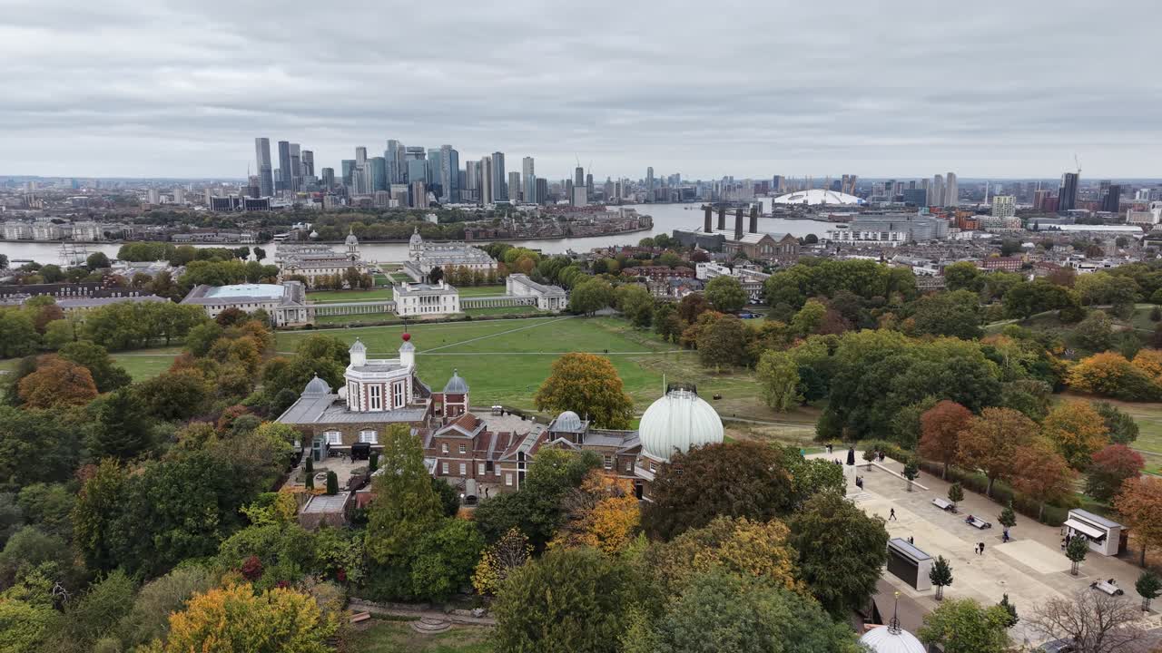 Royal Observatory, Greenwich London pull back drone aerial reverse reveal