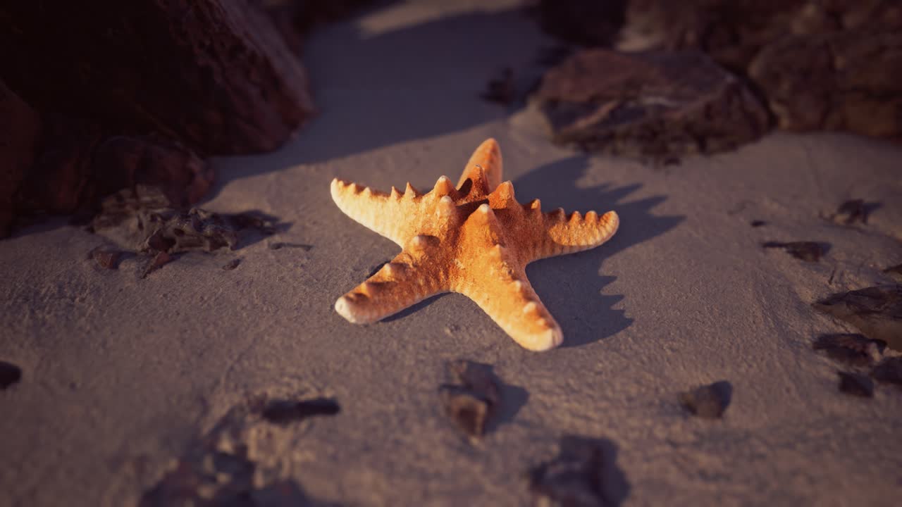 Starfish on sandy beach at sunset