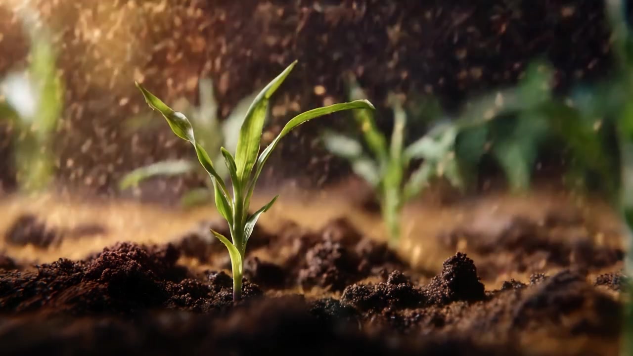 Nurturing Growth: A Time-Lapse Journey of Young Corn Seedlings Emerging from Fertile Soil Under Soft Light and a Touch of Sparkling Dewdrops