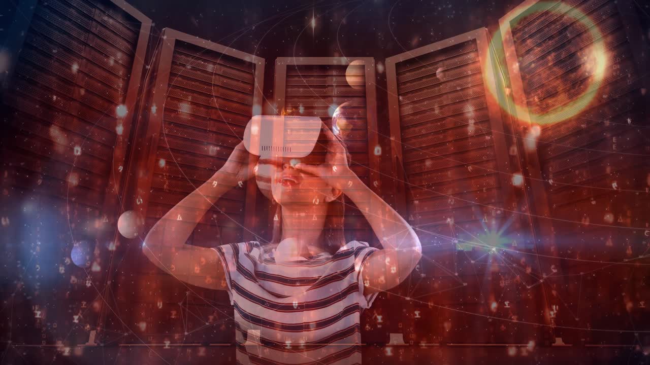mujer usando vr con fondo de constelación