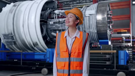 asian female engineer with safety helmet looking around while standing with airplane engine maintenance conducted