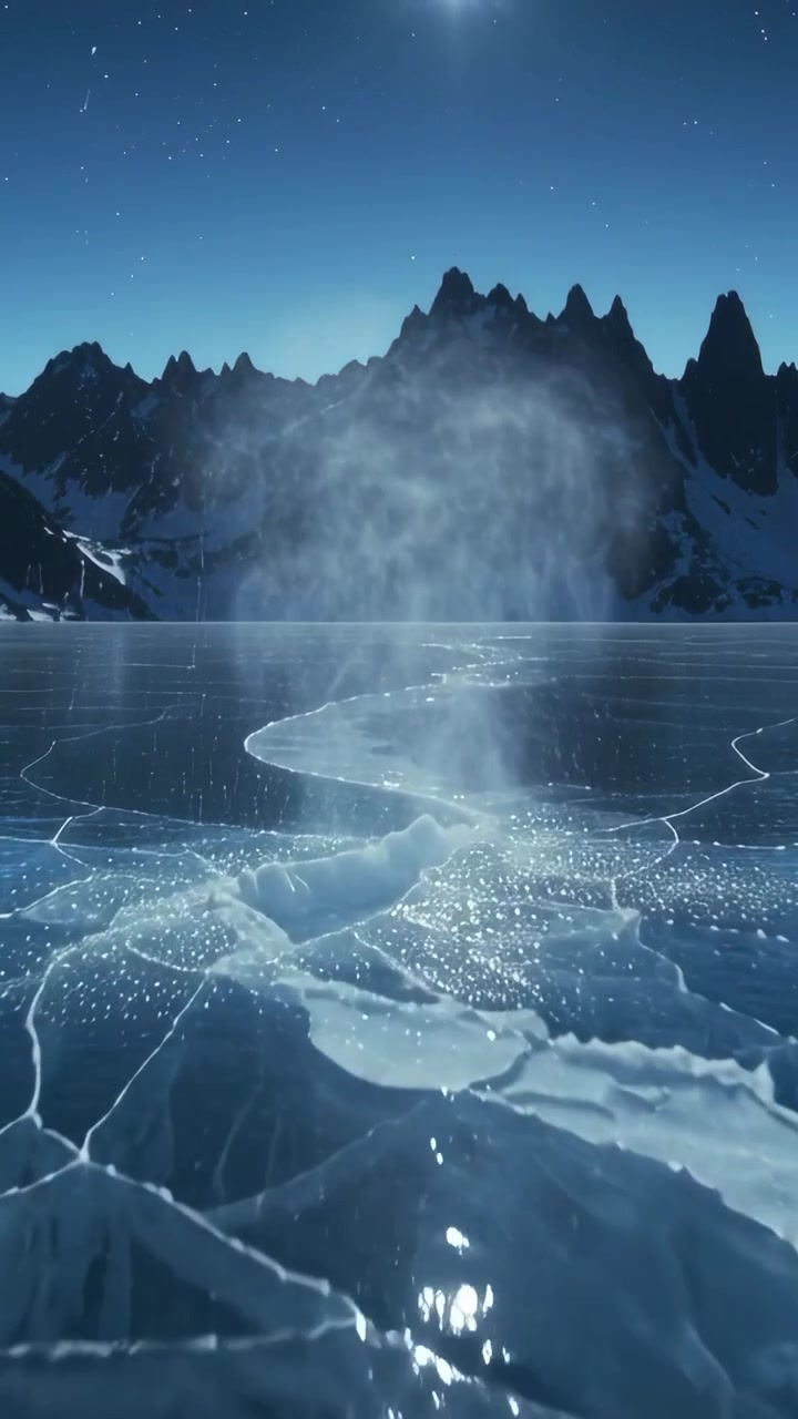 Vertical video: Bursting along central crack after shift, spray rising on frozen lake toward peaks