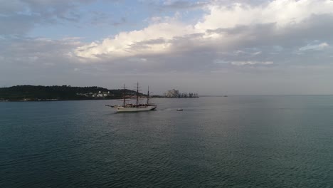 Boat-on-River-Tejo,-Portugal-Aerial-View