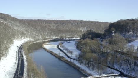 drone aerial of scenic and relaxing winter landscapes in germany