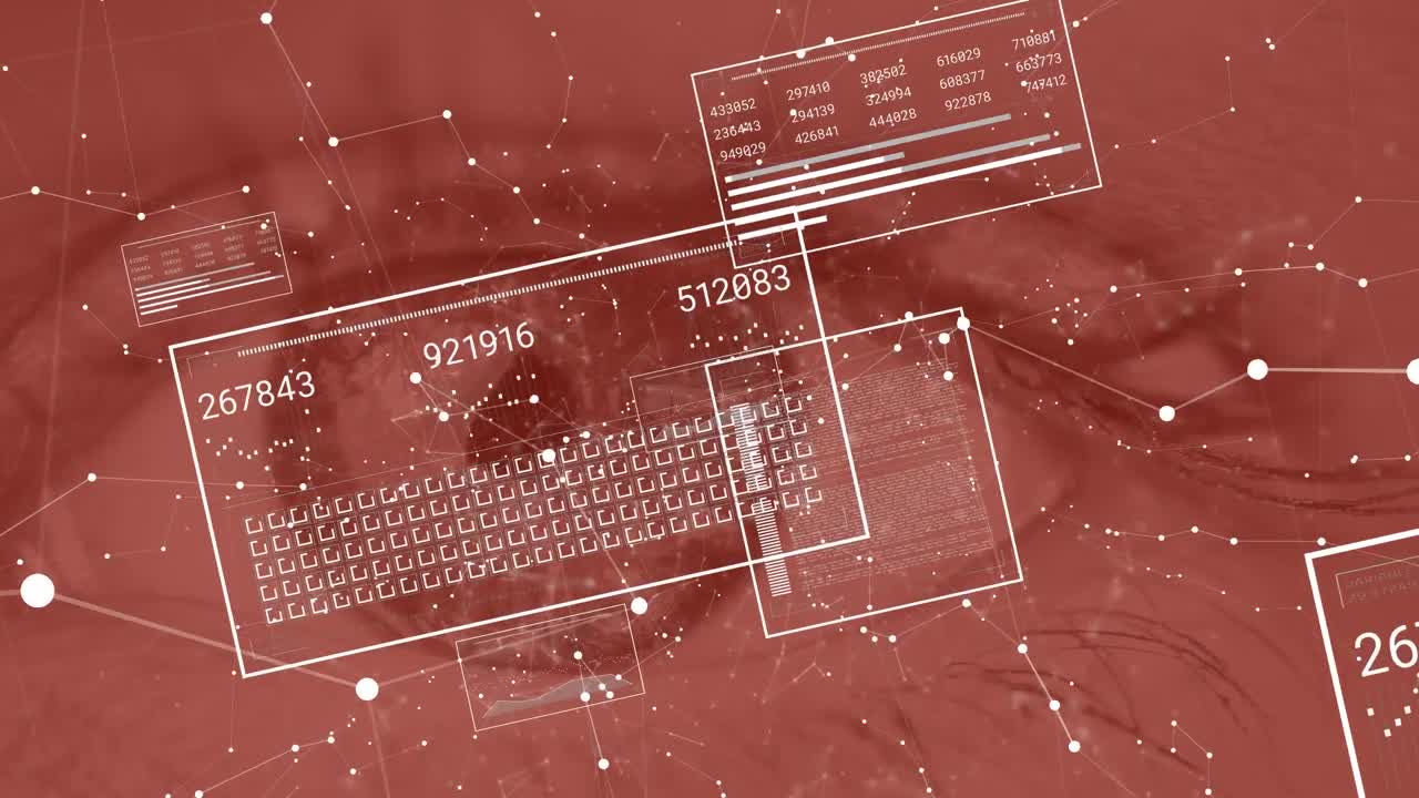 animación de la interfaz con el procesamiento de datos y la red de conexiones en primer plano del ojo femenino