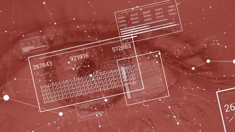 animation of interface with data processing and network of connections over close up of female eye